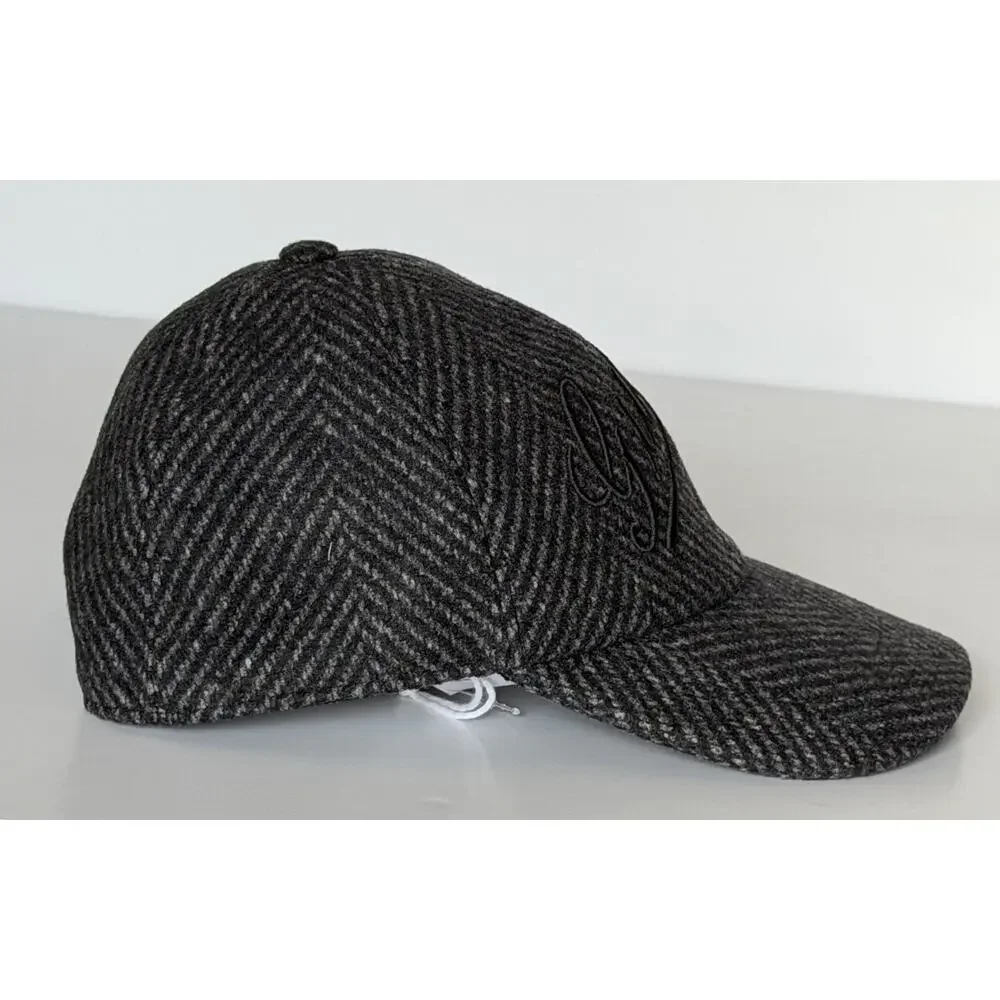 Gucci Herringbone Wool/Silk Baseball Hat Charcoal Logo Cap Size Large 817497 NWT